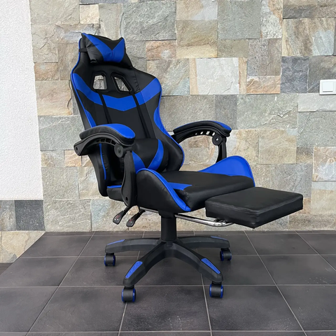 Комп'ютерне крісло з екошкіри підставка для ніг PRESTIGE Rob-11 Чорно-синє геймерське PRESTIGE_ЧОРНО-СИНІЙ фото